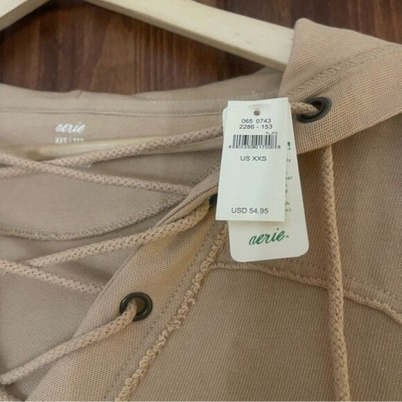 NWT Aerie Beige Oversized Lace-Up Hoodie XXS (Fits like Small/Medium)