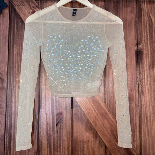 NWOT Windsor Sheer Rhinestone Cropped Long-Sleeve Top Small // NYE OUTFIT!