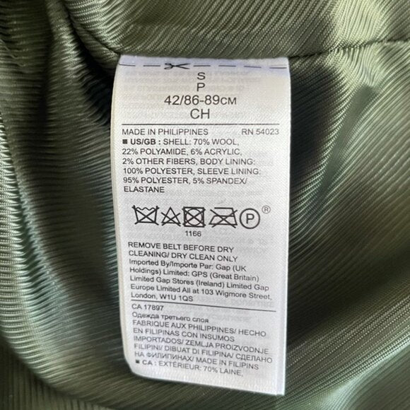 NWOT Banana Republic Army Green Pea Coat / Small