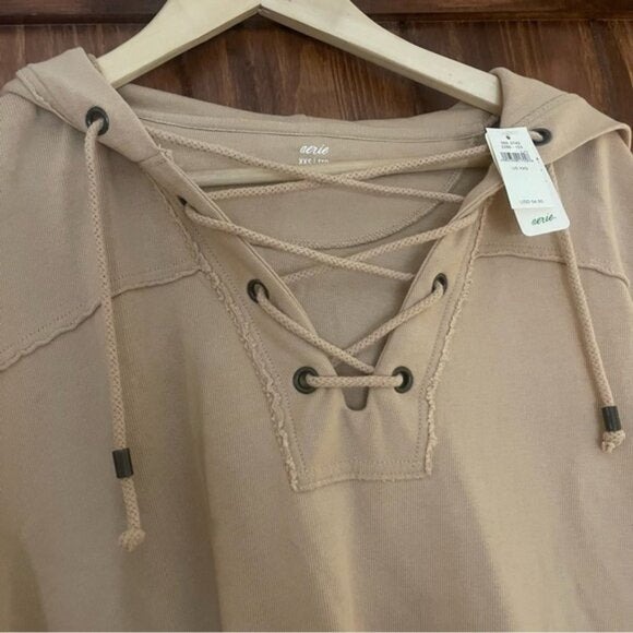 NWT Aerie Beige Oversized Lace-Up Hoodie XXS (Fits like Small/Medium)